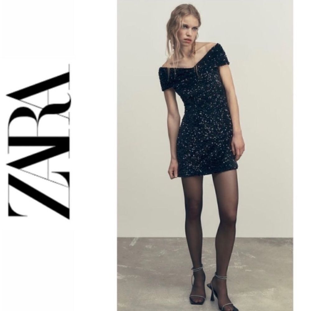 NEW ZARA Black Sequin Off Shoulder Mini Dress